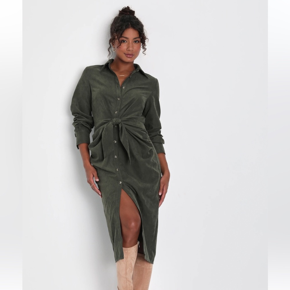 Autumnal Views Olive Green Suede Button-Up Tie-Front Midi Dress S